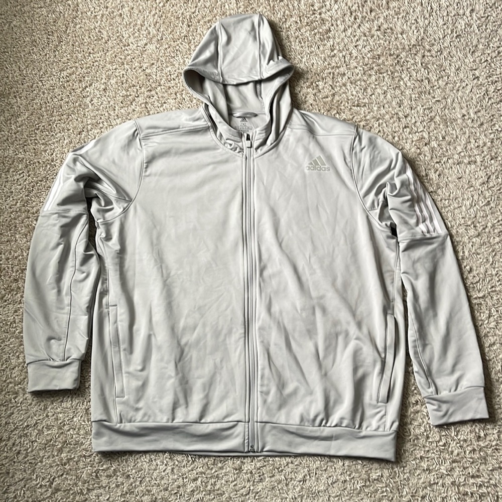 EUC Adidas Aeroready Gray/White Stripes Primegreen Zip Up Hoodie Jacket Size 2XL
